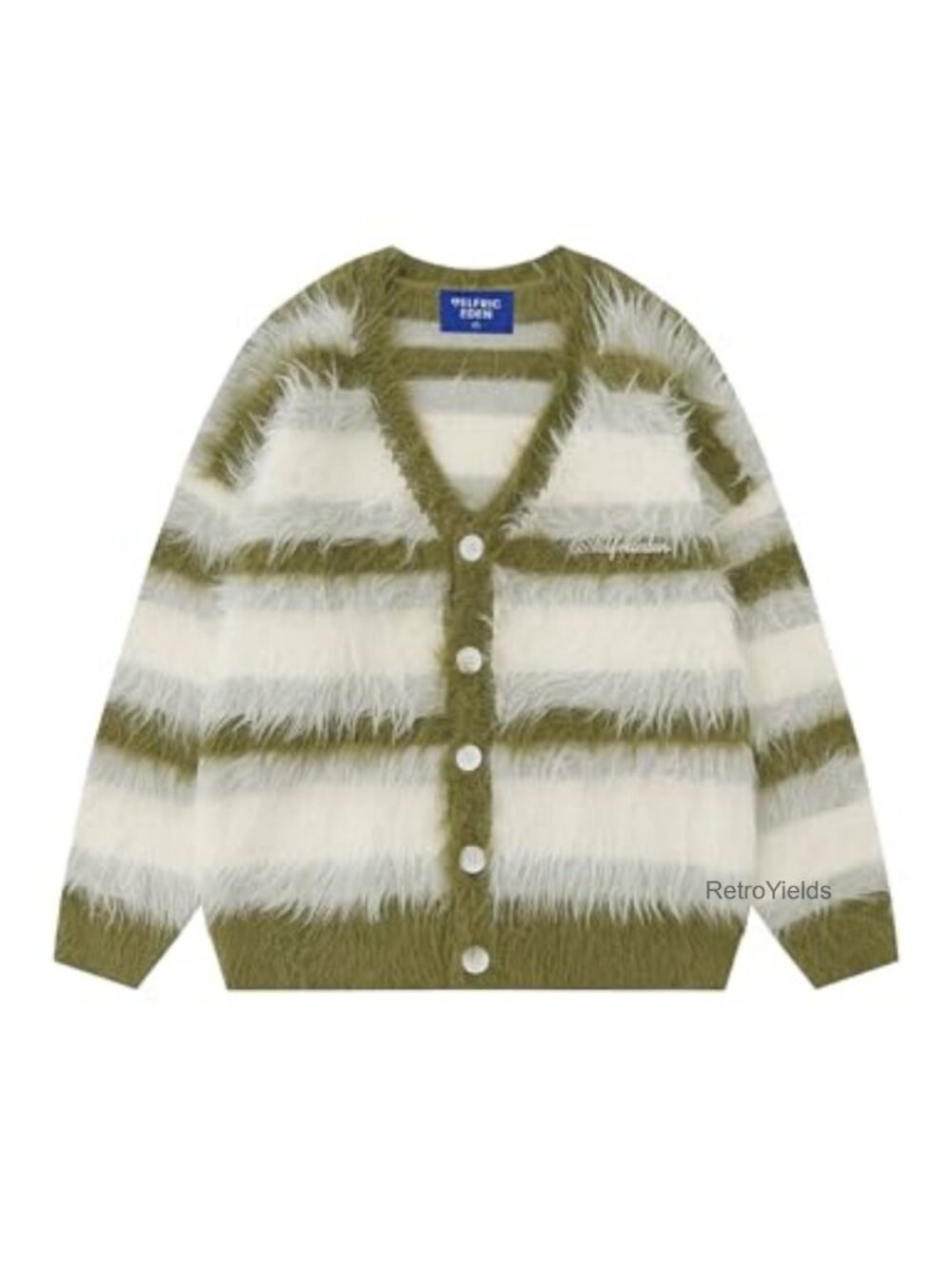 Fuzzy Color Block Striped Cardigan V-Neck Oversized Knit Sweater
